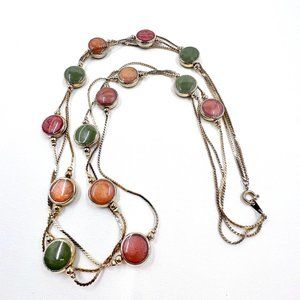 Green, Peach & Coral Enameled Disks Gold Tone 22” Multi Strand Necklace